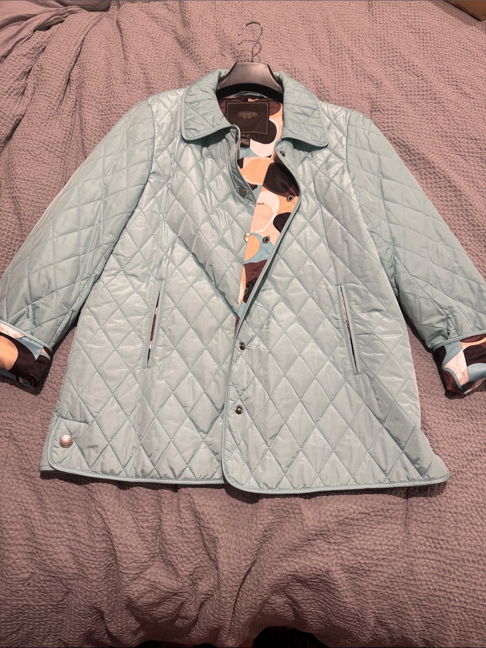 Coach Quilted Light Teal Puffer Jacket